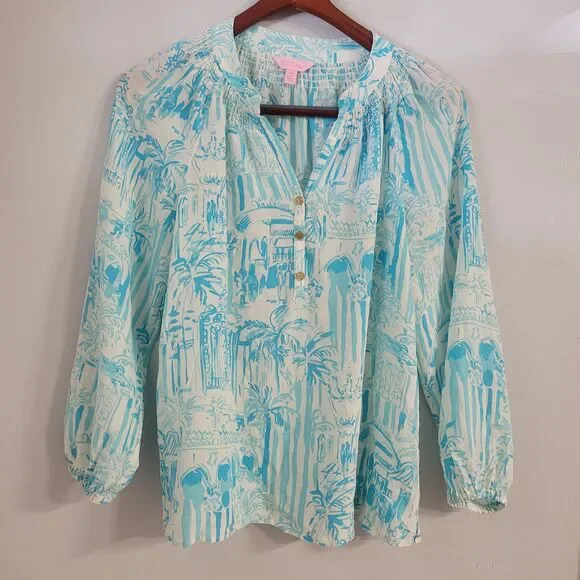 Lilly Pulitzer Aqua and White Tropical Blouse - Picture 1 of 10